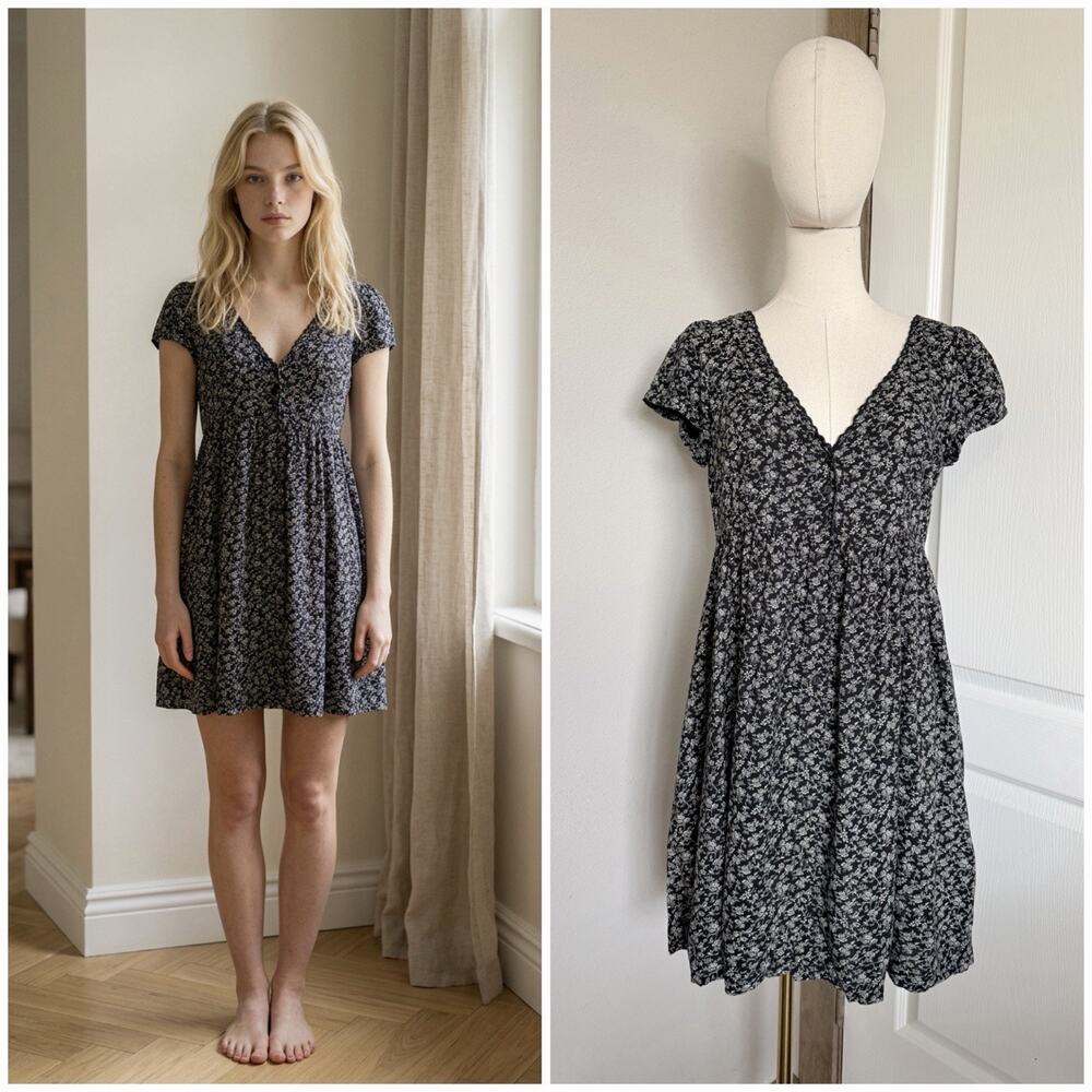 Denim & Supply Ralph Lauren Womens S Black White Floral Mini Babydoll Dress VTG